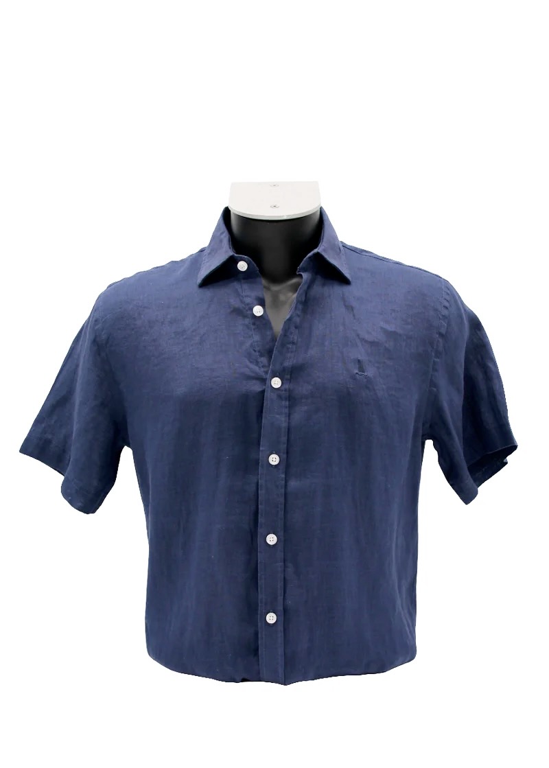 Camisa Lino Manga Corta Azul Marino